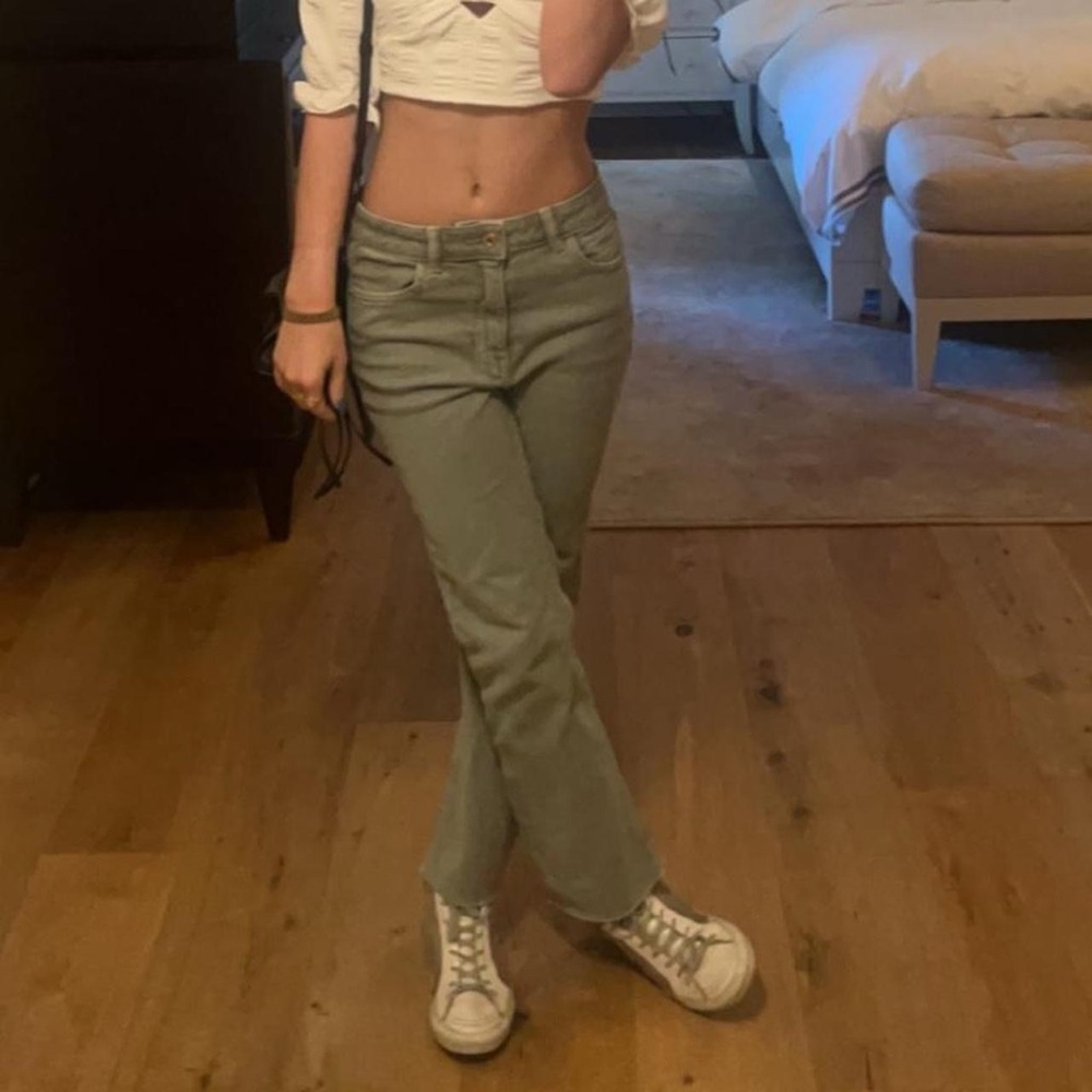 Zara Green Straight Leg Jeans with Raw Hem